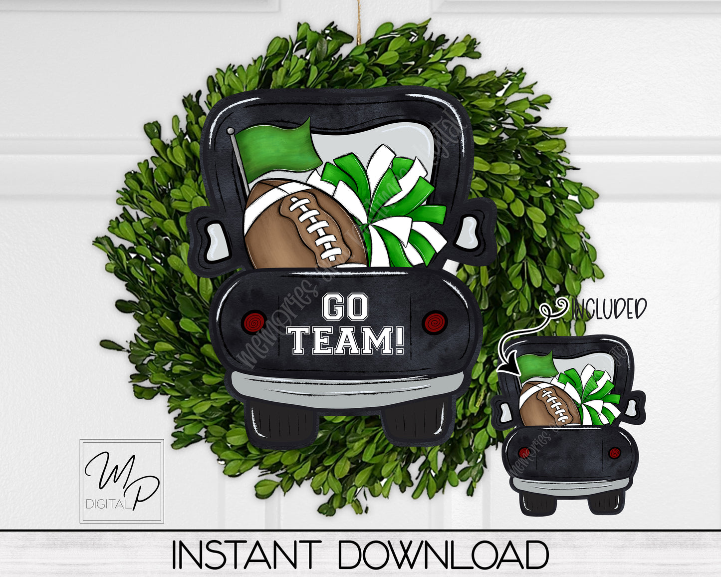 Green Football Farmhouse Truck PNG Design for Sublimation of Door Hangers, Signs and Earrings