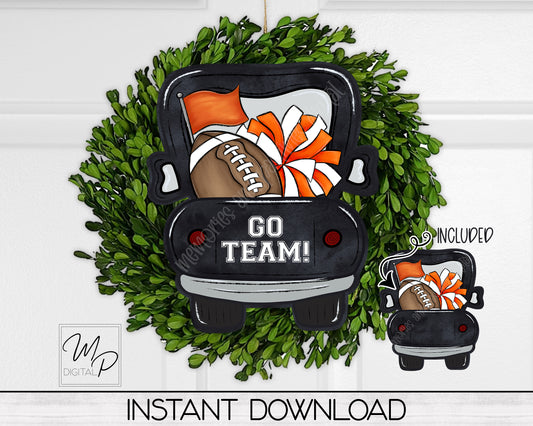 Orange Football Farmhouse Truck PNG Design for Sublimation of Door Hangers, Signs and Earrings