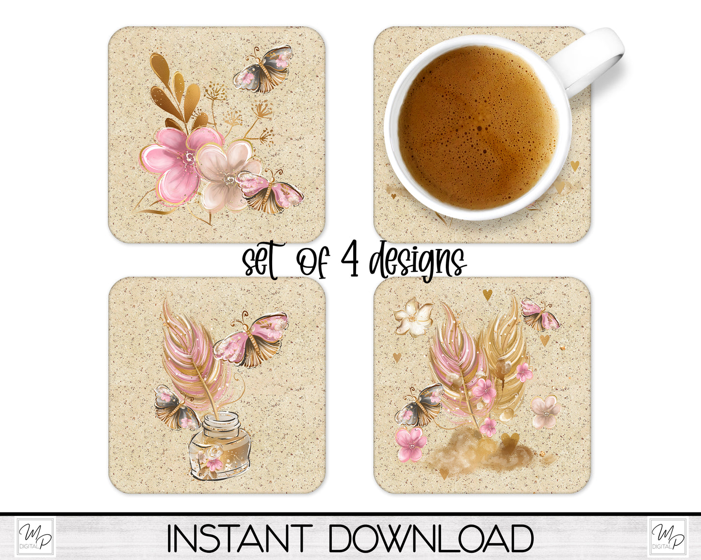 Set of 4 Coaster Sublimation PNG Designs, Square Coffee Coasters, Car Coaster Sublimation Digital Download