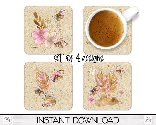 Set of 4 Coaster Sublimation PNG Designs, Square Coffee Coasters, Car Coaster Sublimation Digital Download