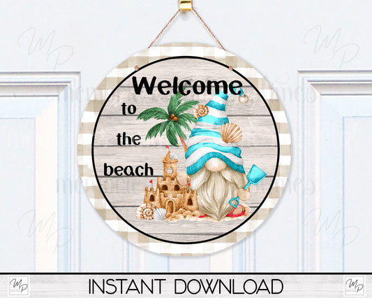 Beach Round Door Sign PNG Design for Sublimation, Gnome