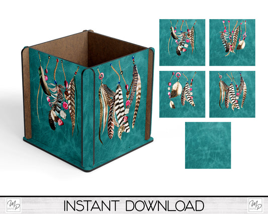 Western Boho Leathers and Feathers Box PNG Sublimation Design, Centerpiece MDF Box Design Digital Download