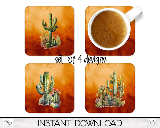 Set of 4 Desert Cactus Coaster Sublimation PNG Designs For Sublimation of Square and Round Coasters, Digital Download