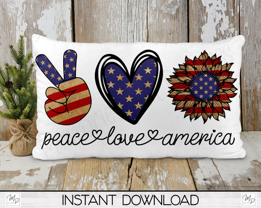 Patriotic Peace Love America Lumbar Pillow Cover PNG Sublimation Design, Digital Download