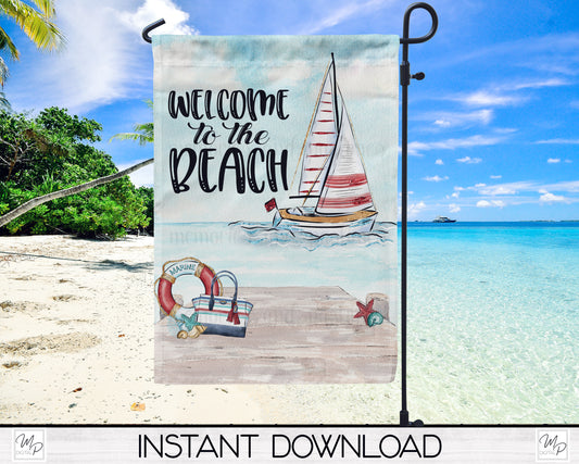 Welcome To The Beach Garden Flag PNG for Sublimation Design, Digital Download