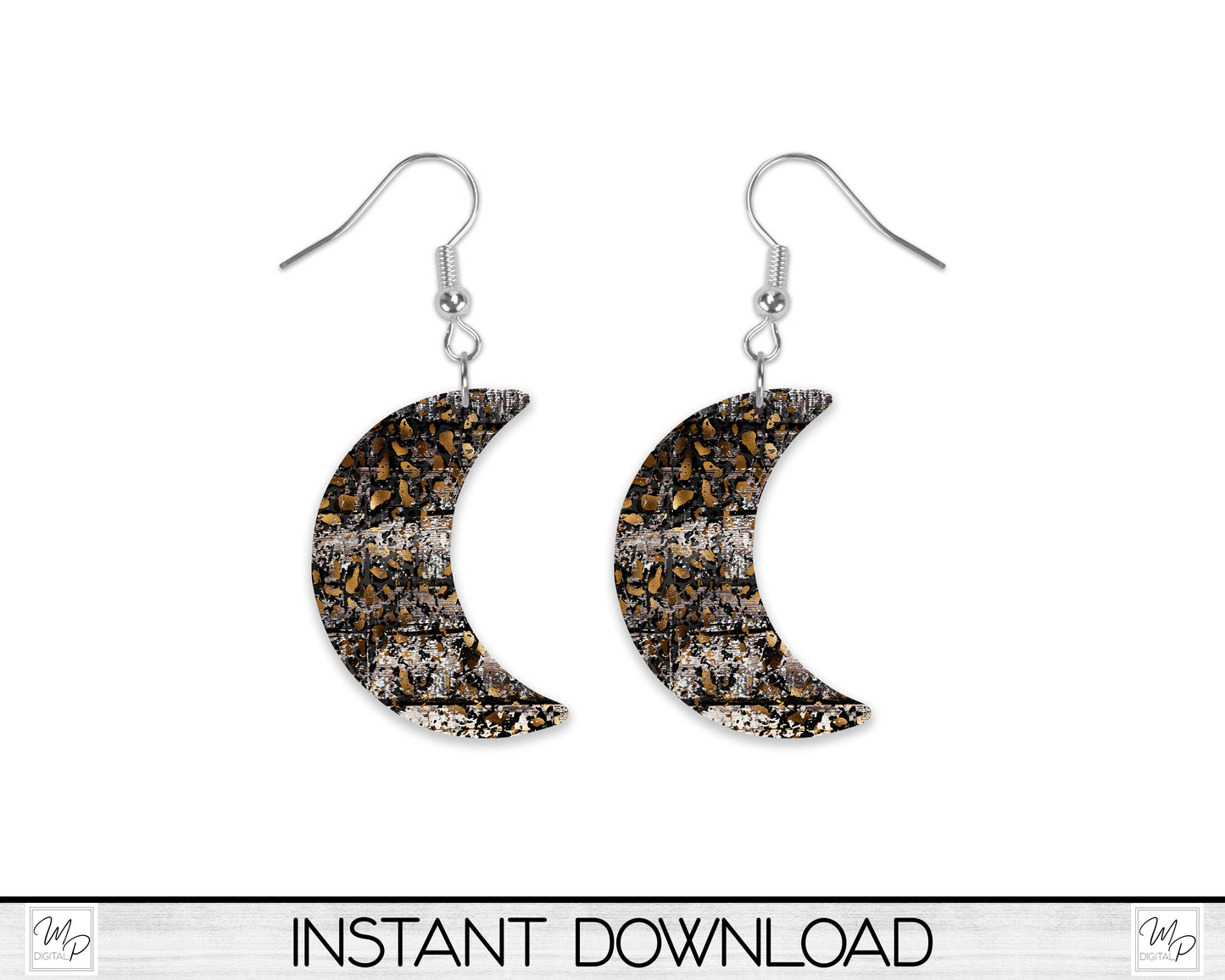 Leopard Print Crescent Moon Earring PNG Design for Sublimation, Digital Download