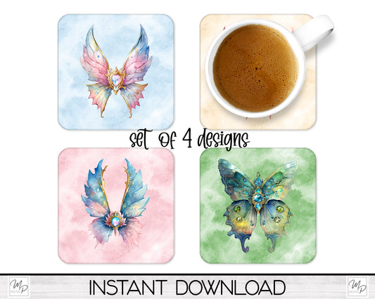 Set of 4 Butterfly Coaster Sublimation PNG Designs For Sublimation of Square and Round Coasters, Digital Download