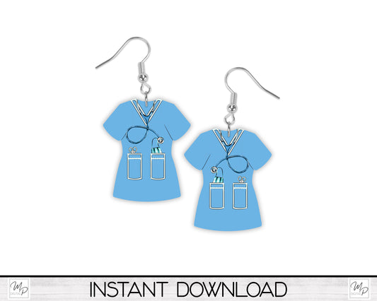 Blue Nurse Scrub Top PNG Design for Sublimation, Earrings, Keychain, Signs, Digital Download