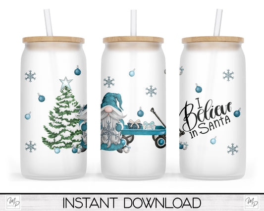 Christmas Gnome Santa Glass Can Sublimation Wrap PNG, Coffee Glass Tumbler Sublimation Design, Digital Download