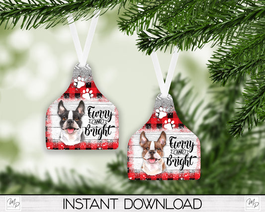 Two Breed Colors BOSTON TERRIER Cow Tag Christmas Tree Ornament PNG for Sublimation, Ornament Design, Dog Ornament, Digital Download