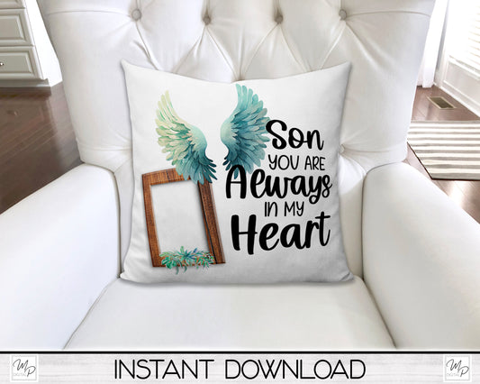 Angel Wings Son Memorial Pillow Cover PNG Sublimation Design, Digital Download, Square Pillow Case PNG Design