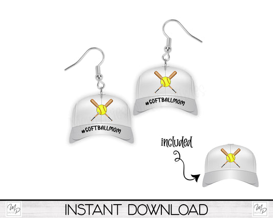Softball Cap / Softball Mom Earrings Sublimation PNG Design, Digital Download for Sublimation