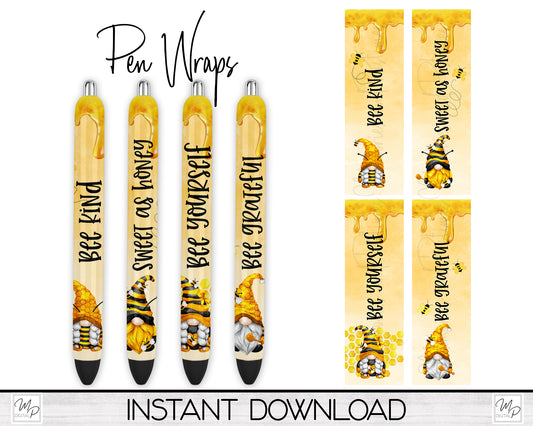 Bee Gnome Sublimation Pen Wrap PNG Design Digital Download, Epoxy Ink Pen Wrap Template, Pen Wrap Bundle
