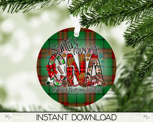 Santa's Favorite CNA Christmas Circle Ornament / Door Hanger PNG for Sublimation, Round Tree Ornament Design, Digital Download