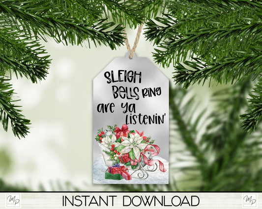 Christmas Sleigh Bells Tag Tree Ornament PNG for Sublimation, Ornament Design, Digital Download