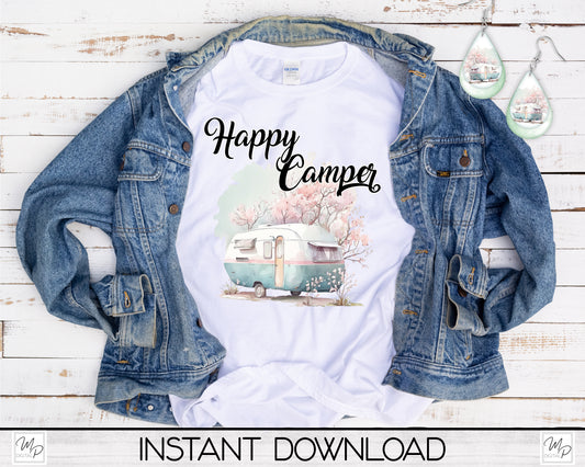Camping PNG Sublimation T-Shirt and Teardrop Earring Design Bundle Digital Download