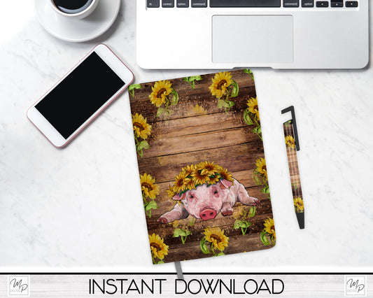 Pig and Sunflowers Journal and Pen Set PNG Sublimation Design, Digital Download