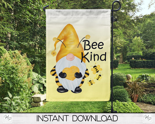 Bee Kind Gnome Garden Flag PNG for Sublimation Design, Digital Download