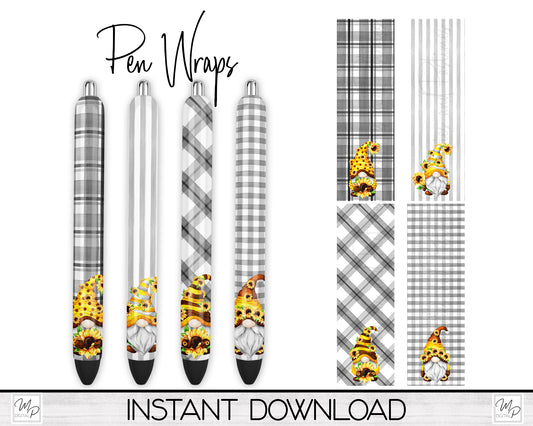 Sunflower Gnomes Sublimation Pen Wrap PNG Design Digital Download, Epoxy Ink Pen Wrap Template, Pen Wrap Bundle