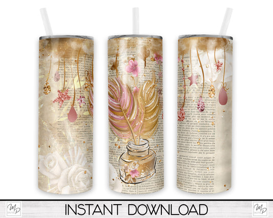 Feathers in Inkwell 20oz Skinny Tumbler PNG Sublimation Design, Tumbler Digital Download