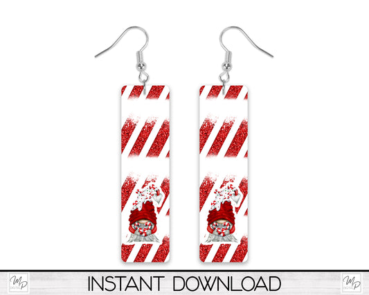 Christmas Peppermint Candy Cane Gnome Bar Earring PNG Design for Sublimation, Digital Download