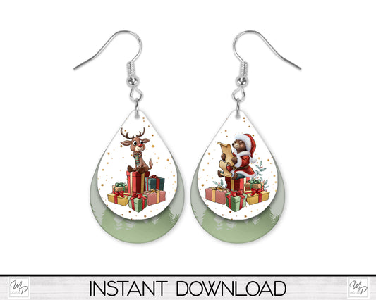 Christmas Santa Bear and Reindeer Teardrop Earring Design for Sublimation