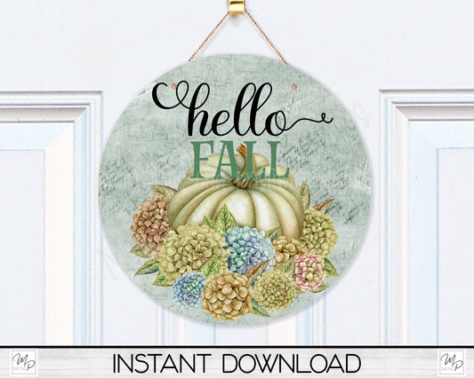 Hello Fall Round Door Sign PNG Design for Sublimation, Pumpkins and Hydrangeas
