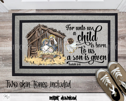 Christian Christmas Door Mat Design for Sublimation, Nativity, Two Skin Tones
