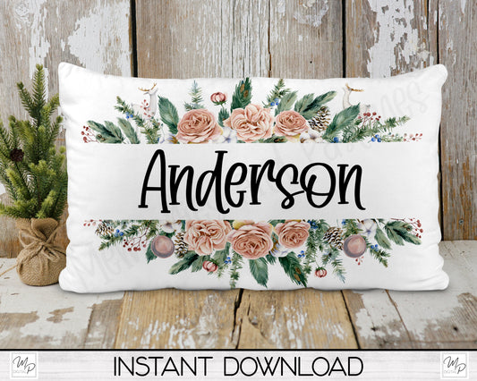 Floral Christmas Split Frame Lumbar Pillow Cover PNG Sublimation Design, Digital Download