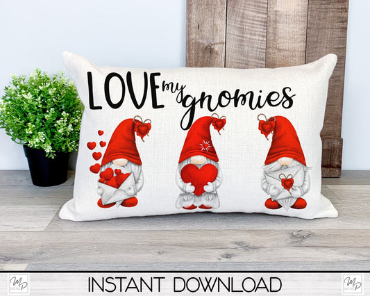 Valentine's Day Love My Gnomies Lumbar Pillow Cover PNG Sublimation Design, Digital Download