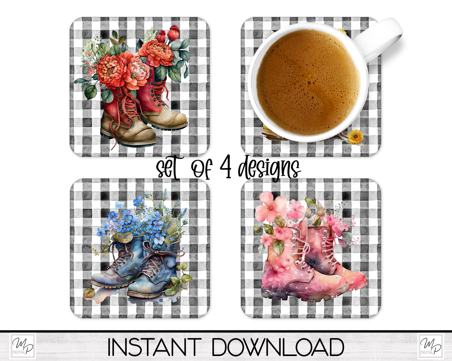 Floral Boots Coaster Sublimation PNG Designs For Sublimation of Square and Round Coasters, Digital Download