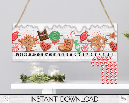 Gingerbread Sweets Candy Cane Countdown Sign PNG Sublimation Digital Download, Candy Cane Holder Advent Calendar