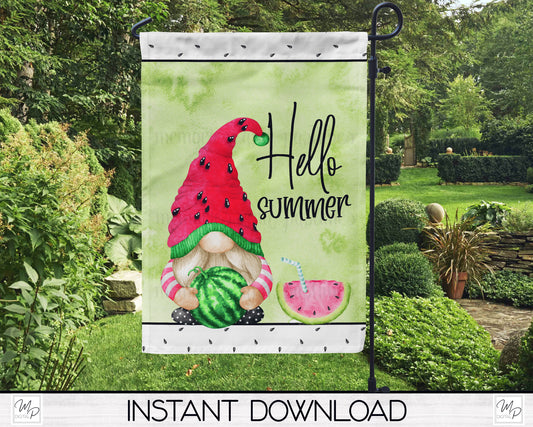 Watermelon Gnome Garden Flag PNG for Sublimation Design, Digital Download