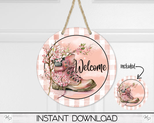 Cherry Blossom Circle Front Door Hanger PNG Design for Sublimation, Digital Download