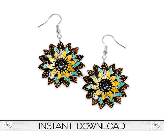 Western Sunflower Earrings Sublimation PNG Design, Wall Hanging Sign Digital Download for Sublimation
