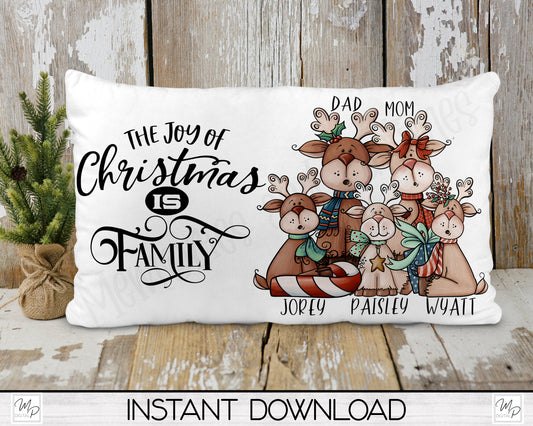 Christmas Reindeer Family Lumbar Pillow Cover PNG Sublimation Design, Up To Seven Family Members Included, Digital Download