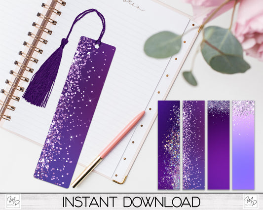Purple Glitter Bookmark PNG Design Bundle for Sublimation, Book Mark Digital Download