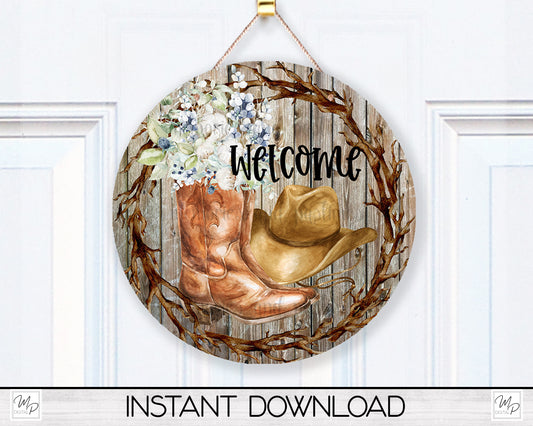 Western Cowboy Hat and Boots Round Door Sign PNG Design for Sublimation