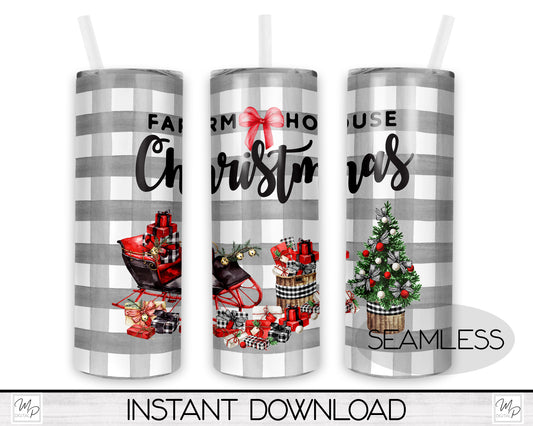 Farmhouse Christmas 20oz Skinny Tumbler PNG Sublimation Design, Seamless Tumbler Digital Download