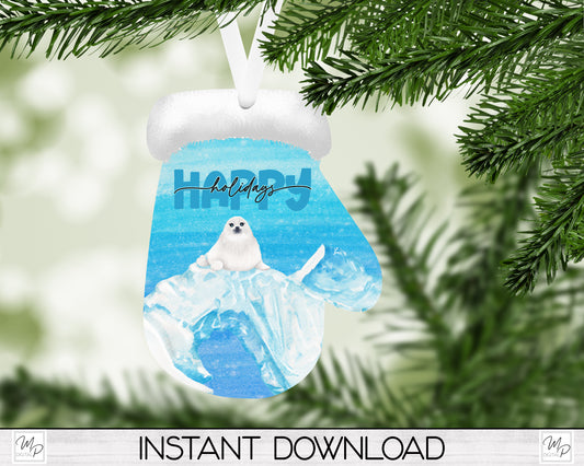 Baby Seal Mitten Christmas Tree Ornament PNG for Sublimation, Digital Download