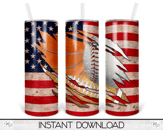 Basketball, Football and Baseball US Flag 20oz Skinny Tumbler PNG Sublimation Design, Sports Tumbler Digital Download