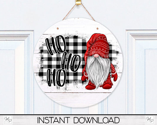 Christmas Gnome Round Door Sign PNG Design for Sublimation, Ho Ho Ho