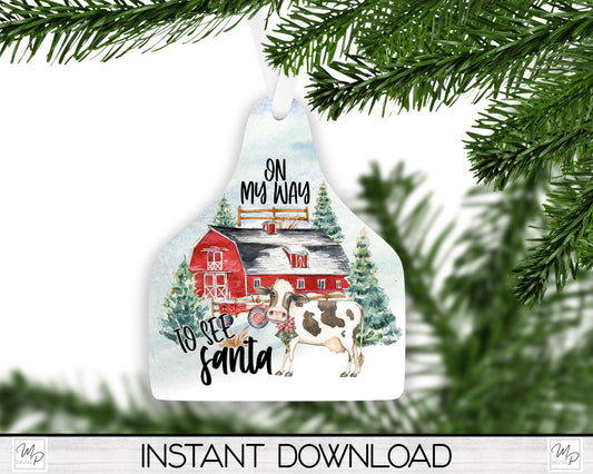 Cow Tag Christmas Tree Ornament PNG for Sublimation, Ornament Design, With and Without Words, Digital Download