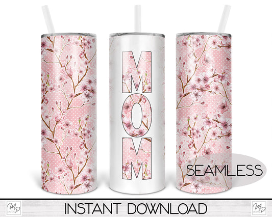 Cherry Blossom MOM 20oz Skinny Tumbler PNG Sublimation Design, Digital Download