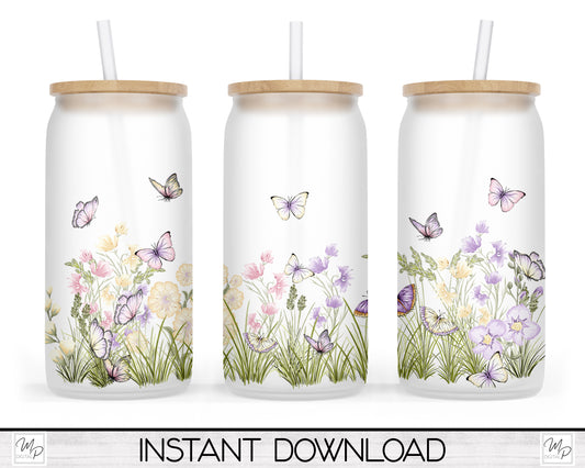 Butterflies Glass Can Sublimation Wrap, PNG Digital Download