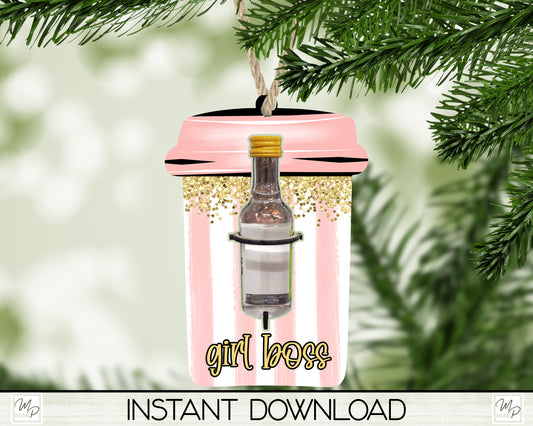 Girl Boss Coffee Cup Christmas Liquor Bottle Holder, Ornament PNG for Sublimation, Digital Download Design