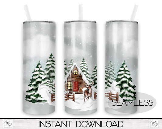 Winter Cabin 20oz Skinny Tumbler PNG Sublimation Design, Seamless Christmas Tumbler Digital Download