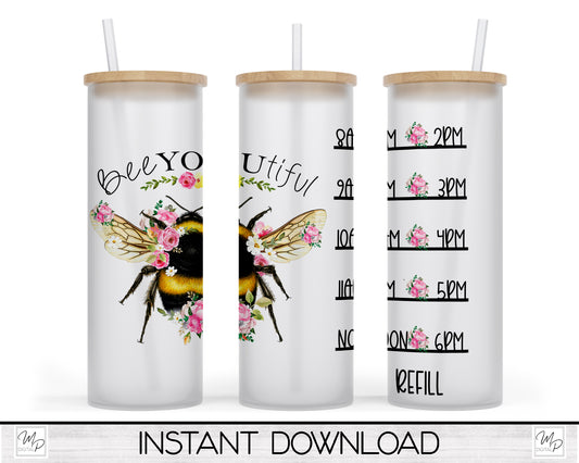20oz / 25oz Glass Tumbler Water Tracker, BeeYOUtiful Bee Wrap for Sublimation and Waterslides, PNG Digital Download