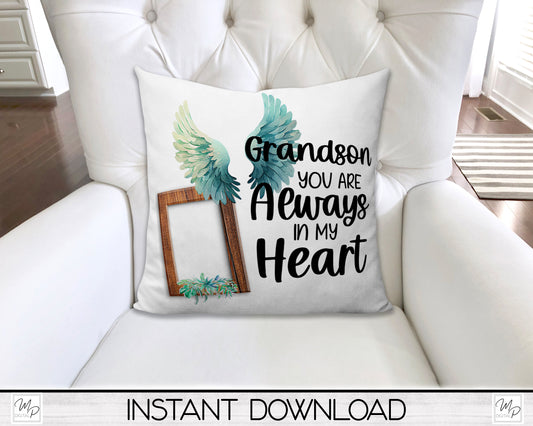 Angel Wings Grandson Memorial Pillow Cover PNG Sublimation Design, Digital Download, Square Pillow Case PNG Design