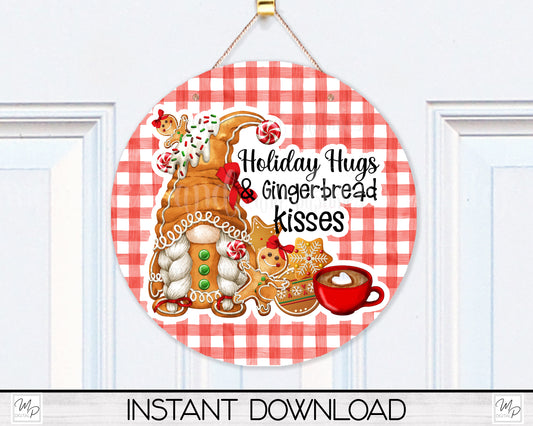 Christmas Gingerbread Gnome Round Door Sign PNG Design for Sublimation